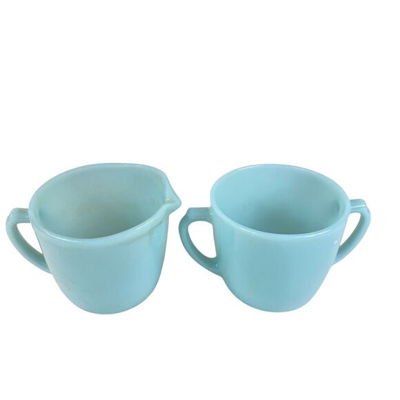 Vintage Delphite Fire King Creamer & Sugar Set Turquoise Blue Milk Glass NICE - Picture 8 of 9